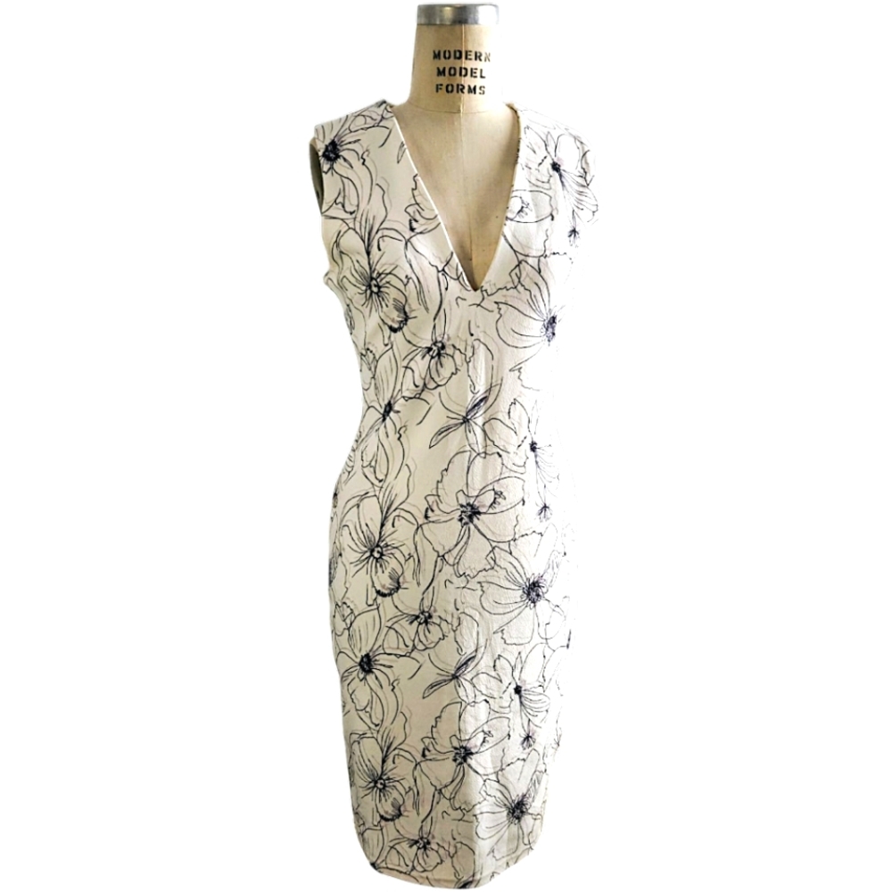 Evie - Abstract Floral Line Design; Soft Sleeveless Midi Dress